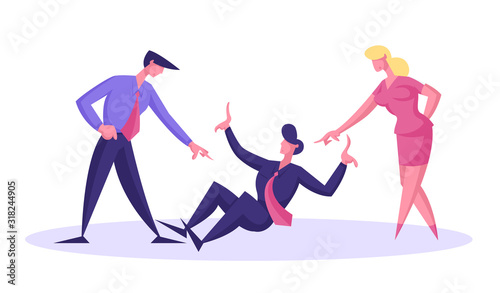 Bulling Dirty Tricks and Unfair Fight with Sneaky Colleague Concept. Office Life Situation with Weak Businessperson Sitting on Floor Under Pressure of Angry Colleagues Cartoon Flat Vector Illustration