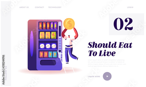 Vending Machine Food Website Landing Page. Man Put Coin for Buying Various Snacks from Automate. Retail Technology for Selling Fastfood Production Web Page Banner. Cartoon Flat Vector Illustration