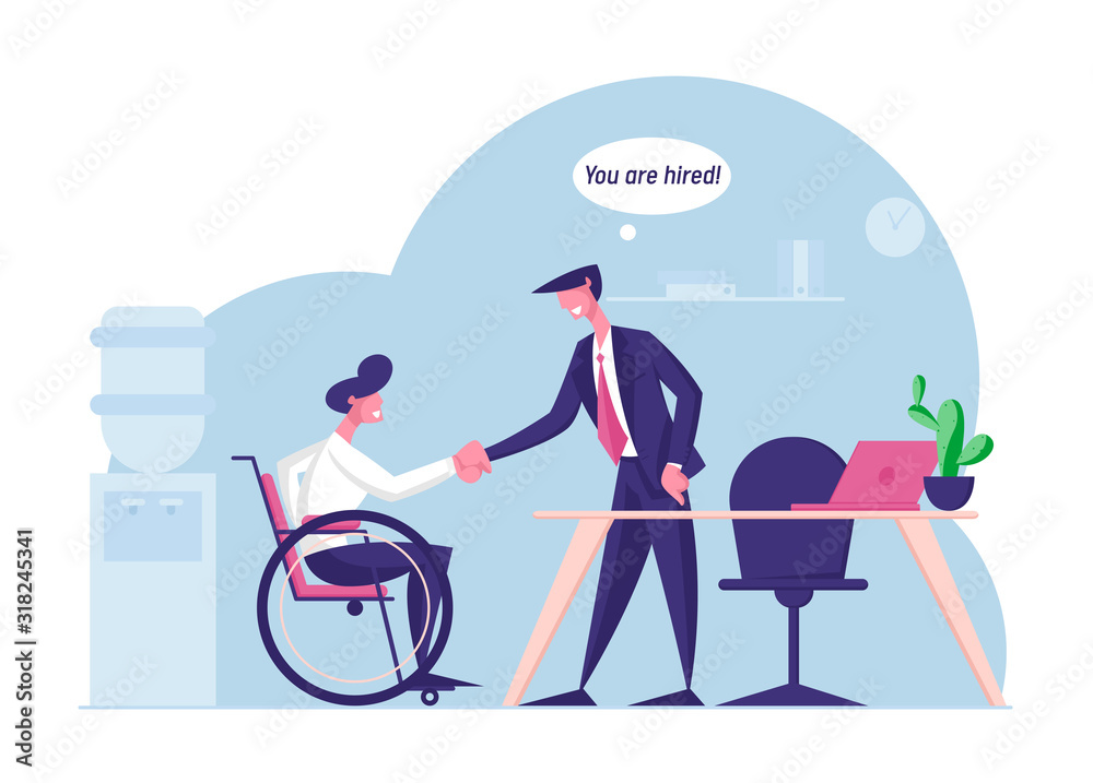 Naklejka premium Disability Employment, Work for Disabled People Concept. Handicapped Man Sit in Wheelchair Shaking Hand with Boss or Colleague in Office Introducing with New Workplace Cartoon Flat Vector Illustration