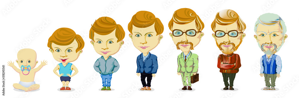 Aging concept of male characters, the cycle of life from childhood to old age. Illustration