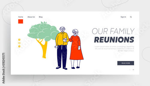 Elderly People Family Love Website Landing Page. Senior Married Couple Holding Hands Stand on Nature Landscape Background. Loving Relations Web Page Banner. Cartoon Flat Vector Illustration, Line Art