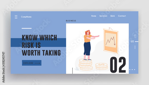 Financial Crisis, Investment Recession on Stock Website Landing Page. Blindfold Businesswoman Stand at Chartboard with Arrow Going Down, Falling Chart Web Page Banner. Cartoon Flat Vector Illustration