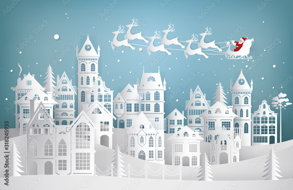 Merry Christmas and Happy New Year. Santa Claus coming to city on a sleigh with deers. Paper art illustration 