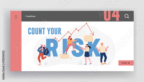 Financial Risk and Economy Crisis Website Landing Page. Blindfold Businesspeople Walk around Arrow Diagram Going Down. Investment Fail, Money Problem Web Page Banner. Cartoon Flat Vector Illustration