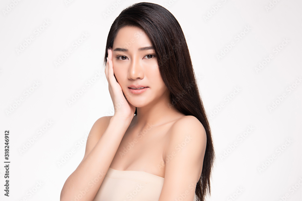 Portrait beautiful young asian woman clean fresh bare skin concept. Asian girl beauty face skincare and health wellness, Facial treatment, Perfect skin, Natural make up, on white background,two Portrait beautiful young asian woman clean fresh bare skin concept. Asian girl beauty face skincare and health wellness, Facial treatment, Perfect skin, Natural make up, on white background,two