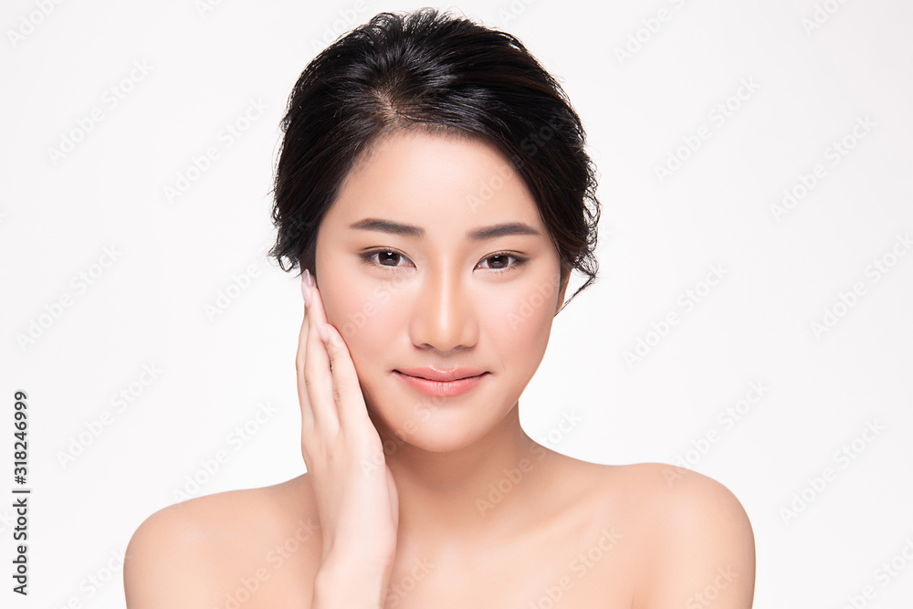 Portrait beautiful young asian woman clean fresh bare skin concept. Asian girl beauty face skincare and health wellness, Facial treatment, Perfect skin, Natural make up, on white background,two Portrait beautiful young asian woman clean fresh bare skin concept. Asian girl beauty face skincare and health wellness, Facial treatment, Perfect skin, Natural make up, on white background,two