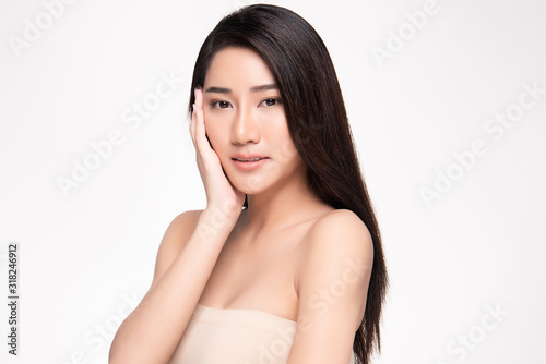 Portrait beautiful young asian woman clean fresh bare skin concept. Asian girl beauty face skincare and health wellness, Facial treatment, Perfect skin, Natural make up, on white background,two