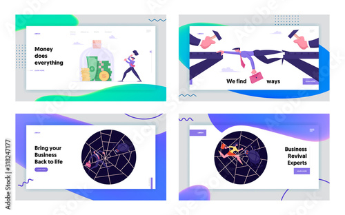 Businesspeople Life Website Landing Page Set. Office Worker Frustration, Career Burnout. Business Man Confusion, Spider Hunting for Businesspeople Web Page Banner. Cartoon Flat Vector Illustration