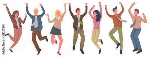  Happy business people jumping illustration. Cheerful employees celebrating victory. 