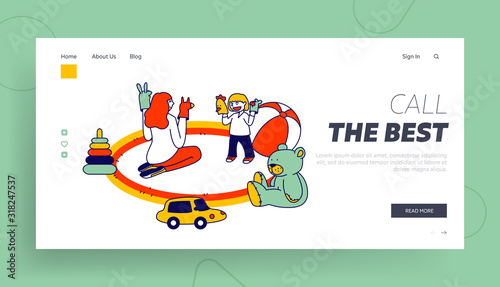 Babysitter Service, Private Kindergarten at Home Website Landing Page. Young Woman Sitting on Floor Playing Puppet Show with Little Toddler Web Page Banner. Cartoon Flat Vector Illustration, Line Art