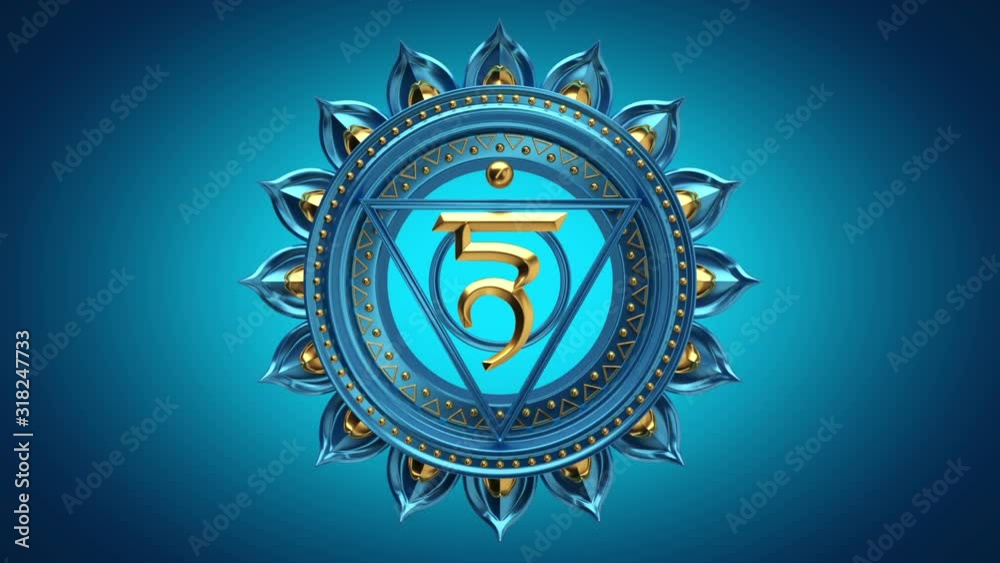 3d vishuddha throat chakra purity spiritual lotus symbol rotating. Looped blue esoteric background. Spinning buddhist mandala seamless animation. Magical oriental sacred geometry ornament loop