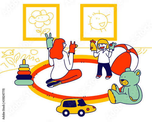 Young Woman Sitting on Floor Playing Puppet Show with Little Toddler Put Toys on Hands. Babysitter Service, Private Kindergarten at Home. Girl Working Nanny Cartoon Flat Vector Illustration, Line Art