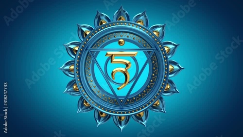 3d vishuddha throat chakra purity spiritual lotus symbol rotating. Looped blue esoteric background. Spinning buddhist mandala seamless animation. Magical oriental sacred geometry ornament loop photo