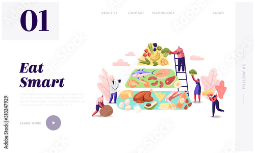 Ketogenic Diet Website Landing Page. Characters Set Up Pyramid of Selection of Good Fat Sources, Low-carb Food Vegetables, Fish, Meat, Cheese and Nuts Web Page Banner. Cartoon Flat Vector Illustration