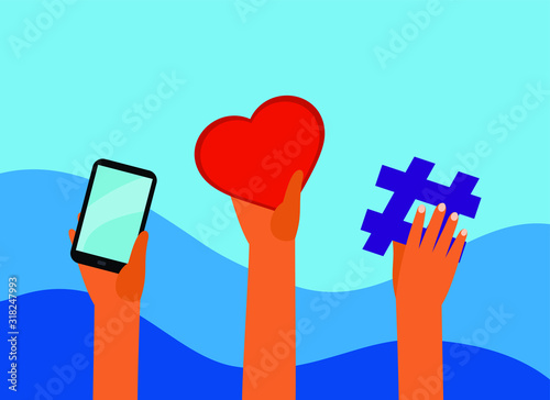 hands holding heart, phone and hashtag, symbol of charity on the Internet