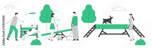 People Spend Time with Pets Outdoors. Male Female Characters Walking and Training Dogs in Summer Park. Relaxing Leisure, Communication Love, Care of Animals Cartoon Flat Vector Illustration, Line Art