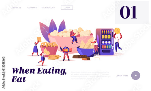 People Eating Snacks Website Landing Page. Characters Enjoying Dry Appetizers Pop Corn, Pretzel Biscuits Chips Sweets and Donuts, Vending Machine Web Page Banner. Cartoon Flat Vector Illustration