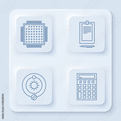 Set line Processor, Clipboard with document, Solar system and Calculator. White square button. Vector