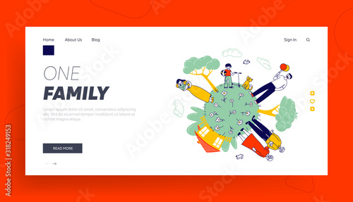 Big Happy Family Website Landing Page. Grandparents, Parents and Children at Green Earth Globe with House and Trees. Father, Mother and Baby Web Page Banner. Cartoon Flat Vector Illustration, Line Art