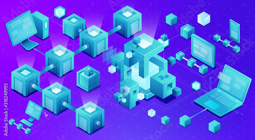 Blockchain technology isometric concept banner illustration