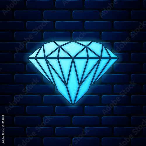 Glowing neon Diamond icon isolated on brick wall background. Jewelry symbol. Gem stone. Vector Illustration