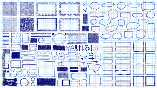 Doodles set. Scribble collection. Quirky sketches. Scrawl elements. Hand drawn effect vector. Pen lines. Frames. Message bubble. Frames. Notebook drawings. Simple strokes.