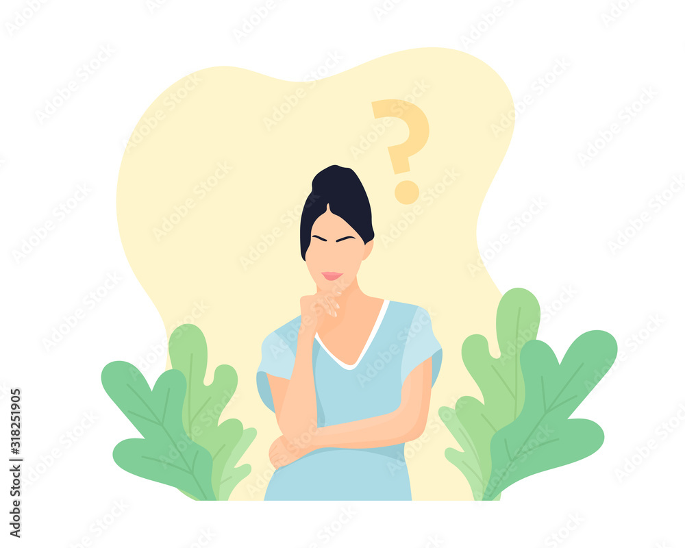 Young woman thinking about something. Question mark and leaves decoration. Planning concept. Thoughtful woman. Woman in doubt. Pale blue dress. Decision making concept - Flat vector illustration. Young woman thinking about something. Question mark and leaves decoration. Planning concept. Thoughtful woman. Woman in doubt. Pale blue dress. Decision making concept - Flat vector illustration.