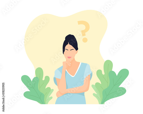 Young woman thinking about something. Question mark and leaves decoration. Planning concept. Thoughtful woman. Woman in doubt. Pale blue dress. Decision making concept - Flat vector illustration.