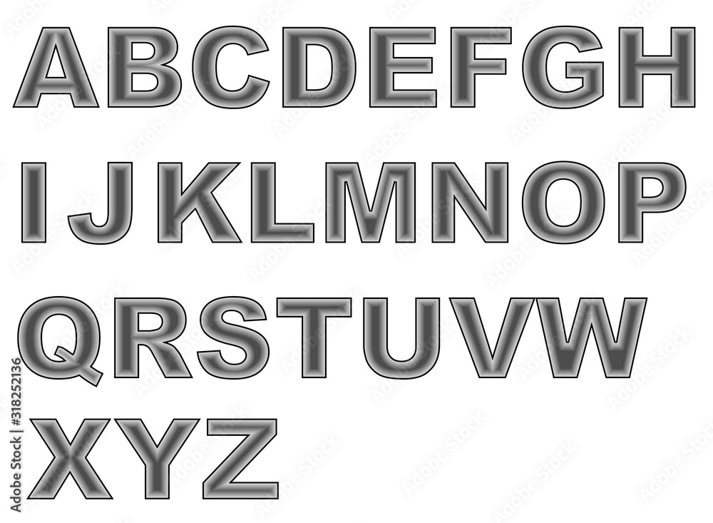 Vector font. Alphabet letters isolated on white background. Grayscale 3d font