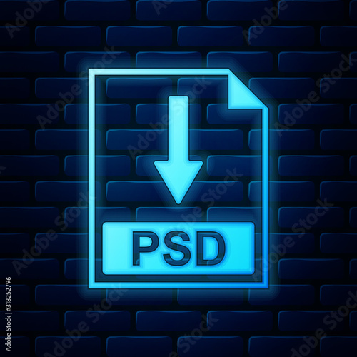 Glowing neon PSD file document icon. Download PSD button icon isolated on brick wall background. Vector Illustration