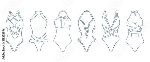 Swimming suits set. Doodle bikini. One piece swimsuits collection. Ladies clothes for summer vacation. Bikini sketch. Swimwear fashion.