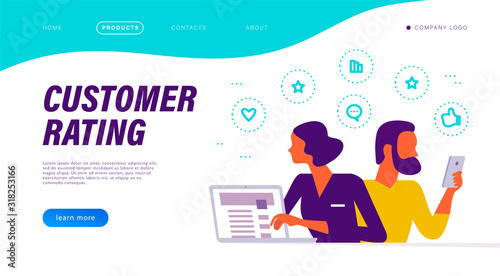 Customer rating concept with people at laptop with positive feedback line icons. Landing page design, interface template, mobile app, ui. Vector flat illustration.