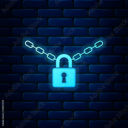 Glowing neon Metal chain and lock icon isolated on brick wall background. Padlock and steel chain. Vector Illustration