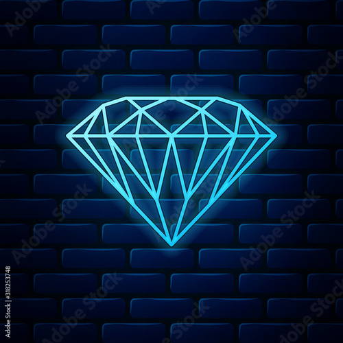 Glowing neon Diamond icon isolated on brick wall background. Jewelry symbol. Gem stone. Vector Illustration