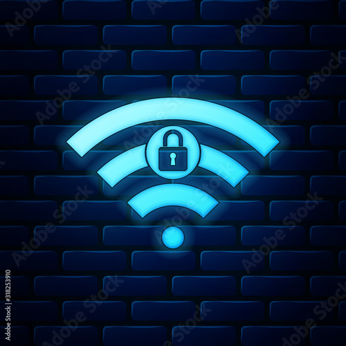 Glowing neon Wifi locked sign icon isolated on brick wall background. Password Wi-fi symbol. Wireless Network icon. Wifi zone. Vector Illustration