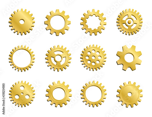 Vector Clockwork Cogwheel Collection. Set Of Gold Gear Wheels And Cogs, Golden Volumetric Icons, Different Configuration, Round Mechanic Details. Gears Can Be Combined Into Mechanism By Changing Size.