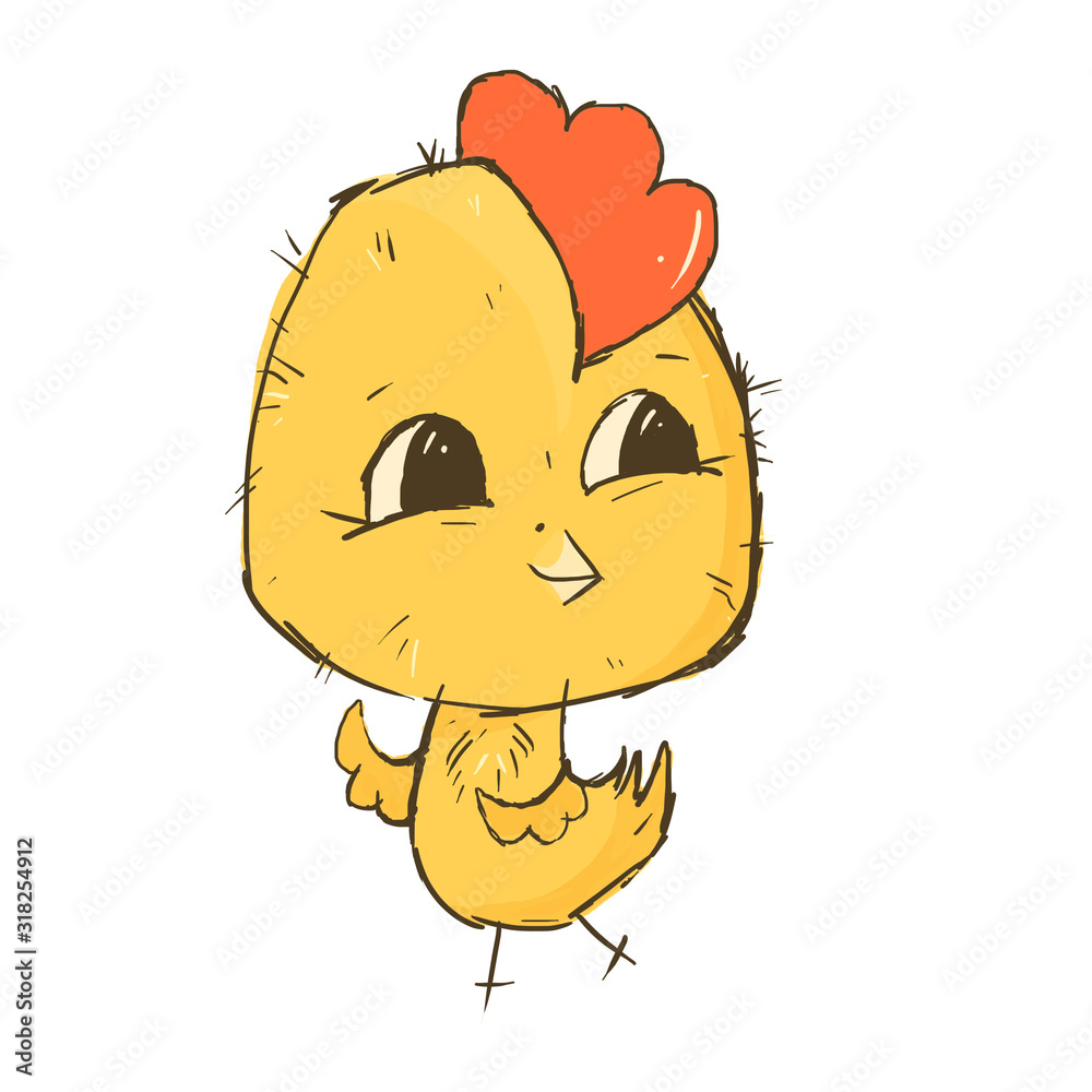 Cute yellow cartoon drawn chicken