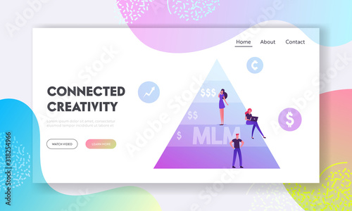 Multi Level Marketing Website Landing Page. People Stand on MLM Pyramid. Commercial Project Methods of Business Development, Working Hierarchy Scheme Web Page Banner. Cartoon Flat Vector Illustration