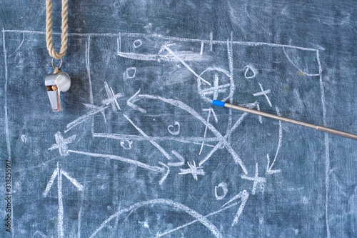 Soccer or football tactics scribble with the trainers whistle and pointer stick on blackboard. Great soccer event in europe. photo