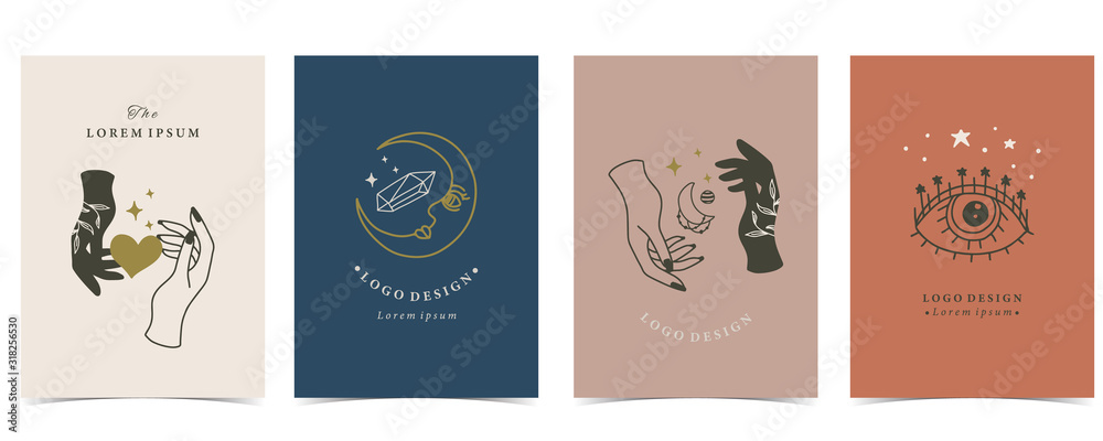 Collection of occult background set with hand,planet,heart,moon.Editable vector illustration for website, invitation,postcard and sticker