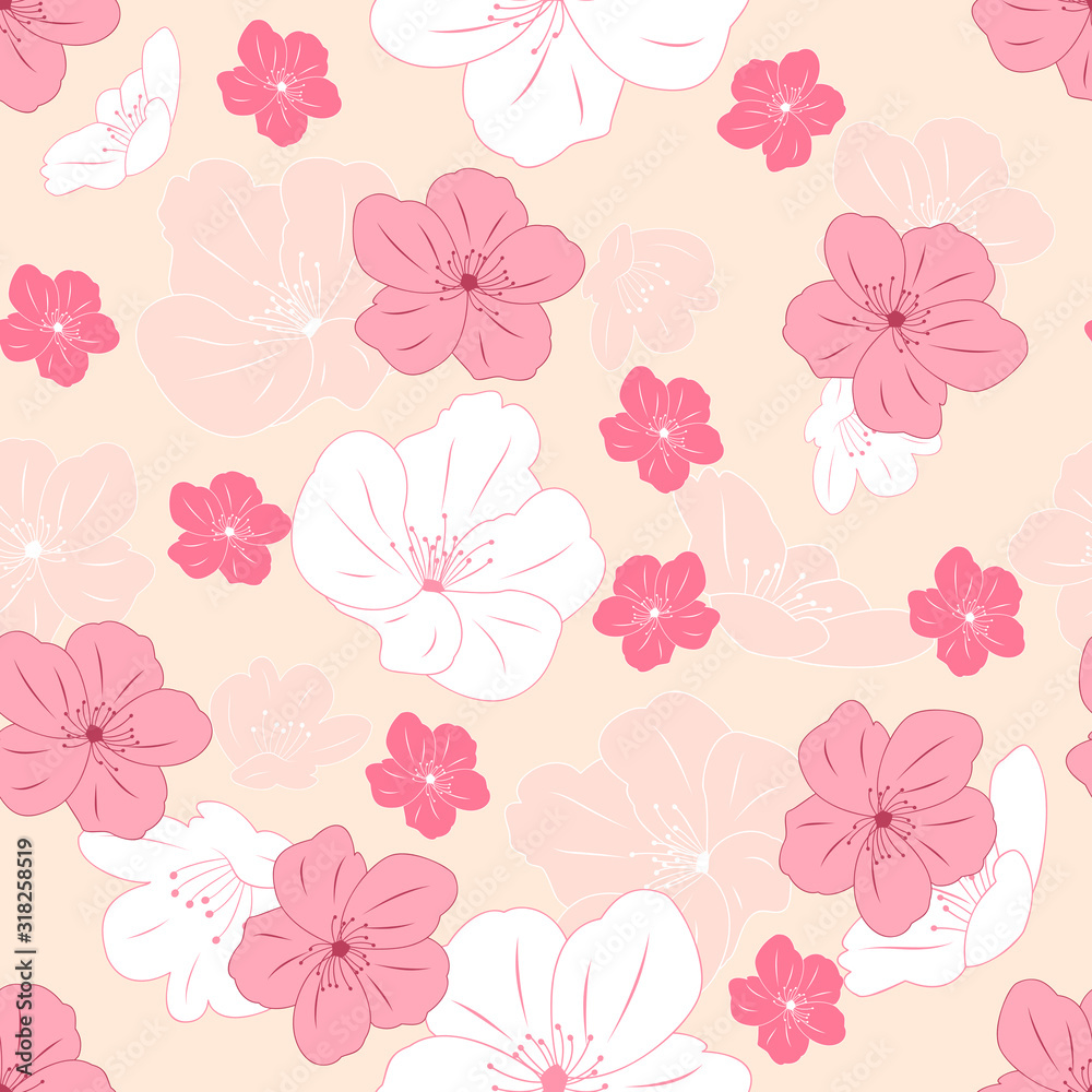 Fototapeta premium Romantic floral pattern background with hand drawn cherry blossoms. Japanese sakura pattern background. Great for wallpaper, gifts, textile, wedding or valentine's day card, invitation.