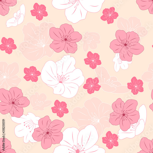 Romantic floral pattern background with hand drawn cherry blossoms. Japanese sakura pattern background. Great for wallpaper, gifts, textile, wedding or valentine's day card, invitation.