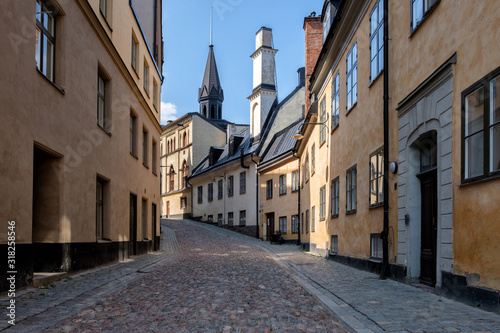 Deserted street of the old city, paved with stone. Stockholm, Sweden.