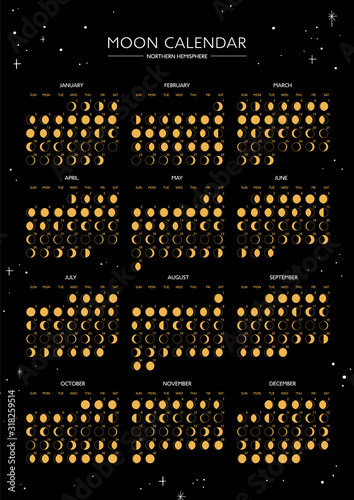 Moon calendar 2020 with moon phases. Northern hemisphere. Vector unique design with hand drawn elements.