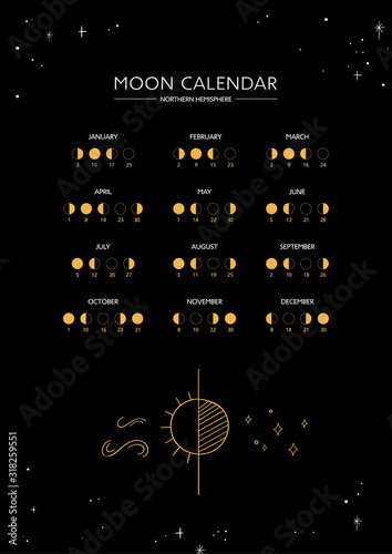 Moon calendar 2020. Northern hemisphere. Moon cycle. Vector design.