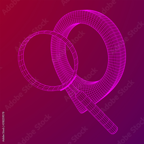 Location pin geo mark icon for travel with magnifying glass. Search path navigator concept. Wireframe low poly mesh vector illustration