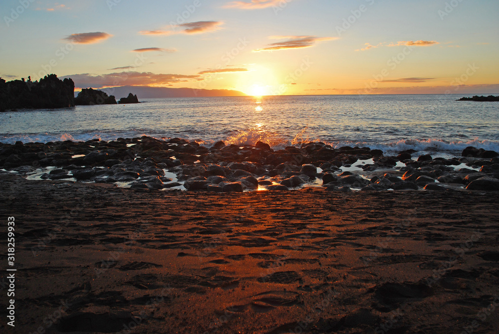 Black sand on the beach of Tenerife, Canary islands, Spain