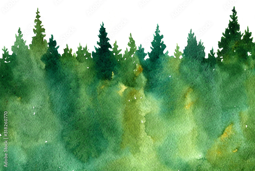 watercolor landscape with trees - obrazy, fototapety, plakaty 