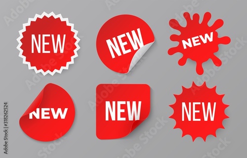 New sticker set. Sale product red badge label. Minimal sale banner for web store. Vector image symbol retail promotion for original discount banners photo