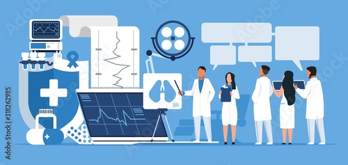 Pharmacy concept. Trendy cartoon abstract characters doctors and nurses with medicine education and medical prescription. Vector concept illustrations studies patients and drugs treatment